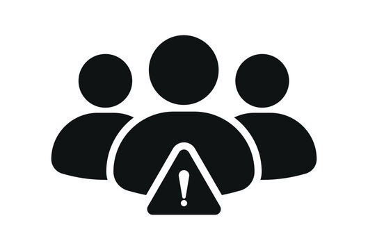 Group alert icon with people silhouettes and warning symbol, representing user warning, team issue, system notification, risk awareness and management alert concept