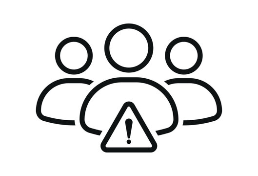 Group alert icon with people silhouettes and warning symbol, representing user warning, team issue, system notification, risk awareness and management alert concept
