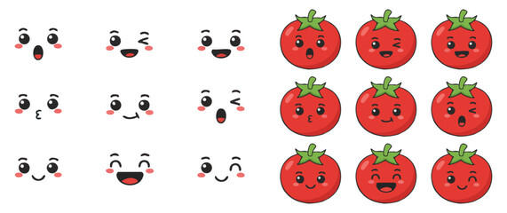 Cute Red Tomato Character Vegetable Illustration Icon Set with Expressions