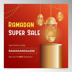 Festive Ramadan Promotion Graphic with Traditional Lanterns and Modern Typography