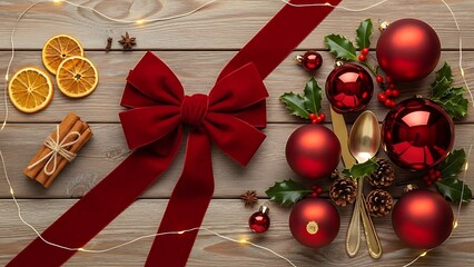 Festive Christmas gift boxes with red ribbon and golden ornaments are essential holiday decorations for the winter season