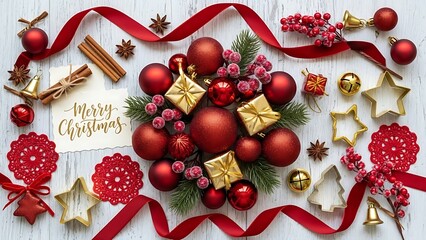 Festive Christmas ornament and gift box decoration on white background