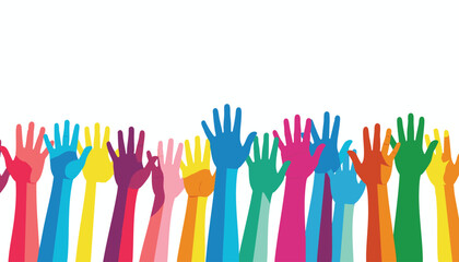 Multicolored Hands Raised in Unity and Support