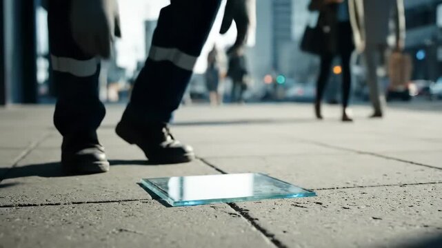Worker installing futuristic transparent display on city sidewalk