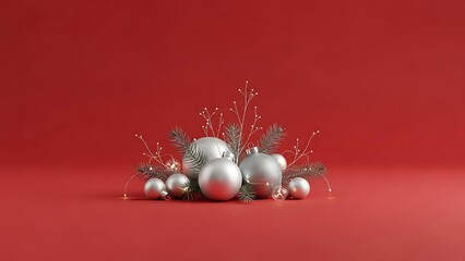 Shiny red Christmas balls and gold ornaments on a vibrant red background are festive winter holiday decorations