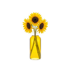 Sunflowers in glass bottle with sunflower oil