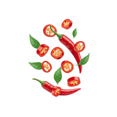 Flying red chilies with basil leaves