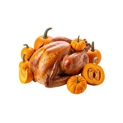 Roasted turkey surrounded by pumpkins
