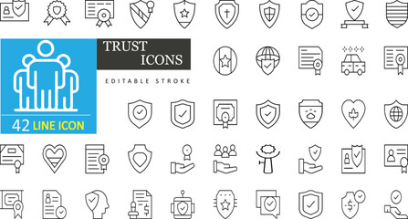 Trust & Security Line Icons with editable stroke, featuring responsibility, reliable, Handshake, identity, confidence, medal, certificate, commitment, support, global, justice, security. eps 10