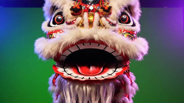 Vibrant close-up of a chinese lion dance head celebrating the new year on a green screen.