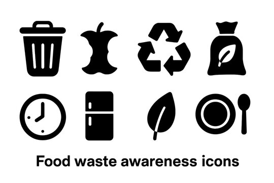 Food waste awareness silhouette icon set. Recycling, sustainability icons collection.