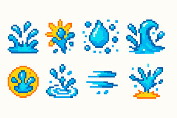 Water splash 3d icon set for games and design. Pixelated water-themed 3d icons.