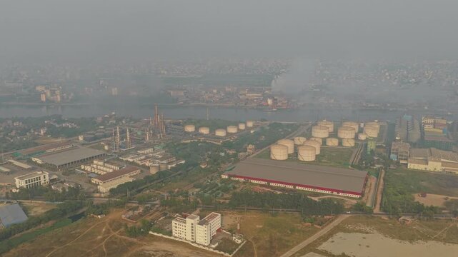 Drone perspective of oil refinery industrial area in Dhaka, Bangladesh