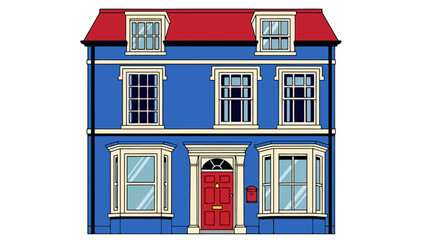 A charming blue detached house with a red front door and multi-pane windows, set against a white background, representing UK architecture