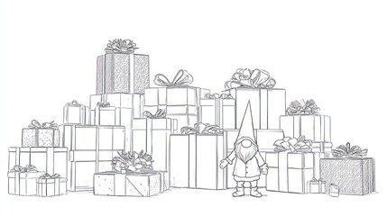 Fototapeta premium A festive gnome stands guard over a whimsical pile of wrapped gifts