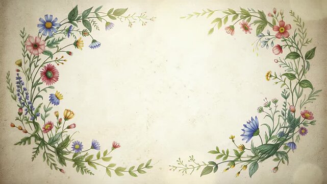 Elegant vintage floral wreath border with soft beige background and delicate pastel blossoms framing a blank center