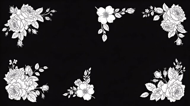 Elegant white floral corner decorations with rose clusters on a deep black background for classical stock design