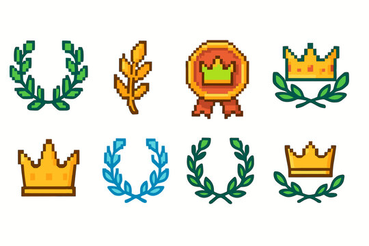 Retro video game pixel icon set. Laurels, crowns, awards 2d pixel art collection