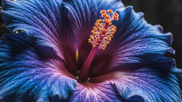 Closeup of a vivid blue and purple hibiscus flower with a prominent orange stamen against a dark background
