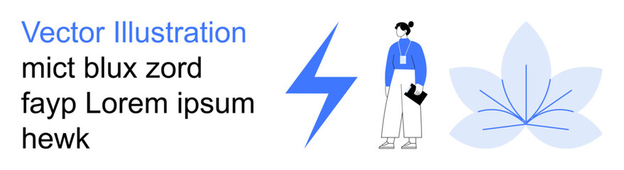 Obraz premium Creativity, education, personal growth, branding, energy, mindfulness. A person standing with a clipboard, lightning bolt icon stylized flower design. Creativity and education concept