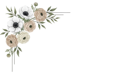 Hand painted minimal floral corner element featuring anemones and ranunculus in a neutral color scheme isolated on white background