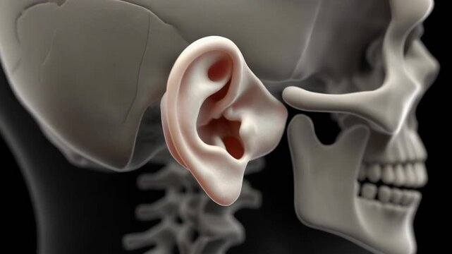 Rotating 3D view of human stapes bone within skull anatomy