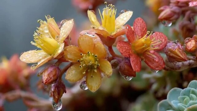 A breathtaking macro shot showcases a cluster of vibrant, delicate flowers in various stages of bloom, adorned with glistening water droplets. The intricate details of yellow, orange, and reddish peta