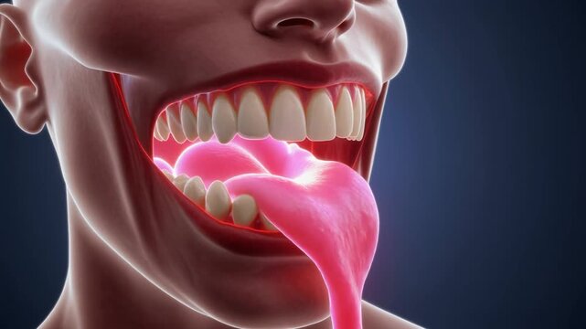 Close-up 3D animation of human sublingual gland secreting saliva, showing tongue and teeth.