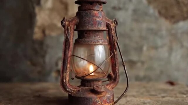 A captivating close-up captures an antique, heavily rusted oil lantern, its weathered metal showcasing a rich patina of age and corrosion. A warm, small flame flickers softly within its glass enclosur