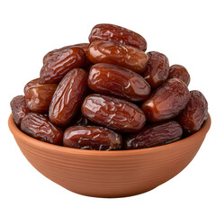 Obraz premium Fresh dates piled high in a small terracotta bowl on a clean white background showcasing their dark brown color and glossy texture.