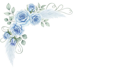 Obraz premium Hand painted watercolor corner element with roses and pampas grass in a pastel blue palette isolated on white background