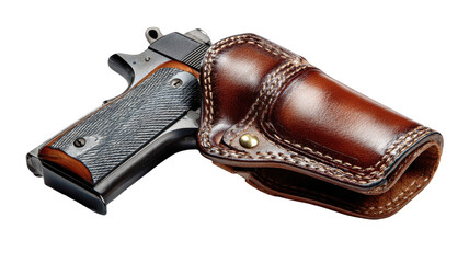 A close-up of a new black leather holster and a brown pistol with bullets isolated on white, showcasing a pair of fashion footwear accessories with elegance and style