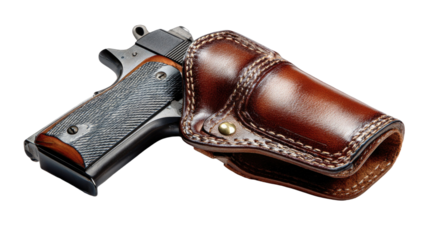 A close-up of a new black leather holster and a brown pistol with bullets isolated on white, showcasing a pair of fashion footwear accessories with elegance and style