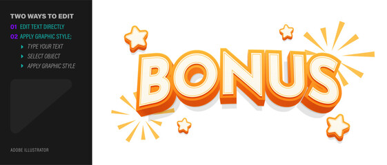 3D BONUS text effect with stars and rays