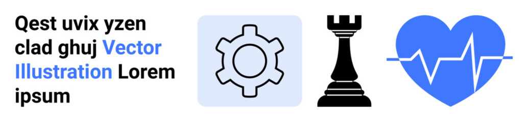 Gear, rook, and heartbeat icons symbolize efficiency, strategic planning, and health. Ideal for business productivity, strategy, wellness, health monitoring teamwork innovation simple landing page © robu_s