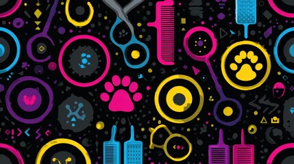 Obraz premium Pet Grooming Tools Concept Banner With Abstract Shapes Inspired by Brushes and Scissors Featuring Space for Text Overlay