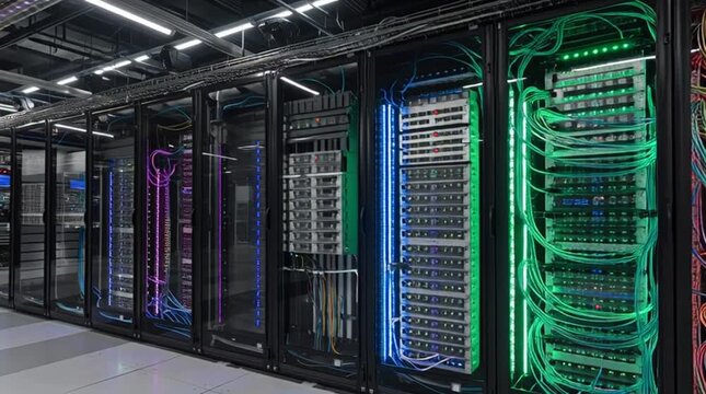 Data center servers array with colorful cables and equipment