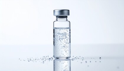 Sterile precipitate particles inside pharmaceutical injection vial for medical laboratory research