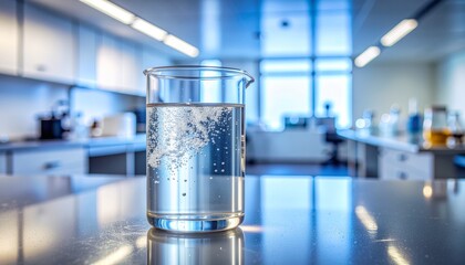 Sterile precipitate sediment inside glass beaker in wide laboratory environment