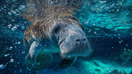 Fototapeta premium Majestic Manatee Swimming in Crystal Clear Blue Water with Bubbles and Sunlight Reflections