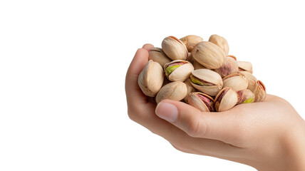 A closeup of a person holding a handful of salted pistachio nuts in their shell isolated on a white background, showing a healthy heap of natural green seeds and dry vegetarian snacks