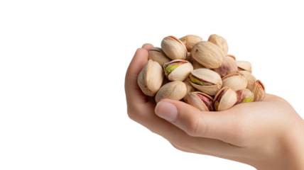 A closeup of a person holding a handful of salted pistachio nuts in their shell isolated on a white background, showing a healthy heap of natural green seeds and dry vegetarian snacks