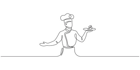 Continuous one line drawing of Chef holding a tray and presenting food.