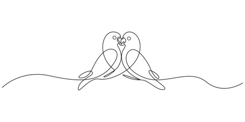Continuous one line drawing of Two lovebirds kissing forming a heart shape.