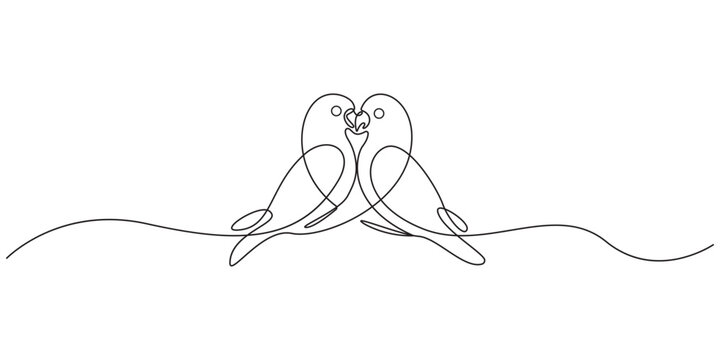 Continuous one line drawing of Two lovebirds kissing forming a heart shape.