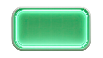 glowing green roundeed rectangle panel with neon light border and glossy surface isolated on white background
