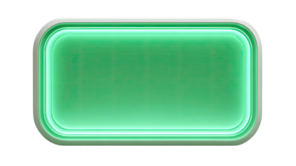 glowing green roundeed rectangle panel with neon light border and glossy surface isolated on white background