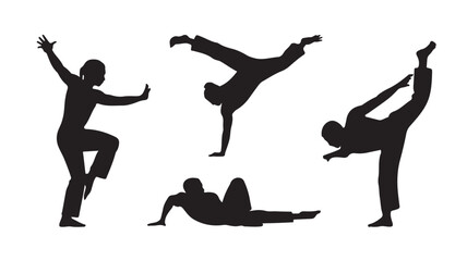 Yoga Silhouettes Practicing Various Poses on White Background