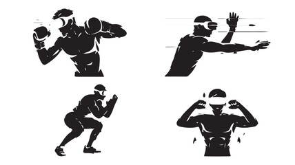 Black Silhouettes of Men Exercising with Dumbbells and Weights on White Background