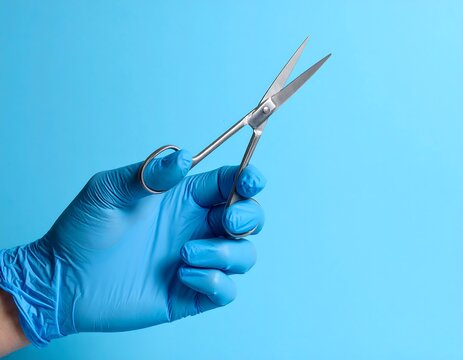 A gloved hand holds small, shiny metal scissors against a light blue backdrop, highlighting the medical instrument